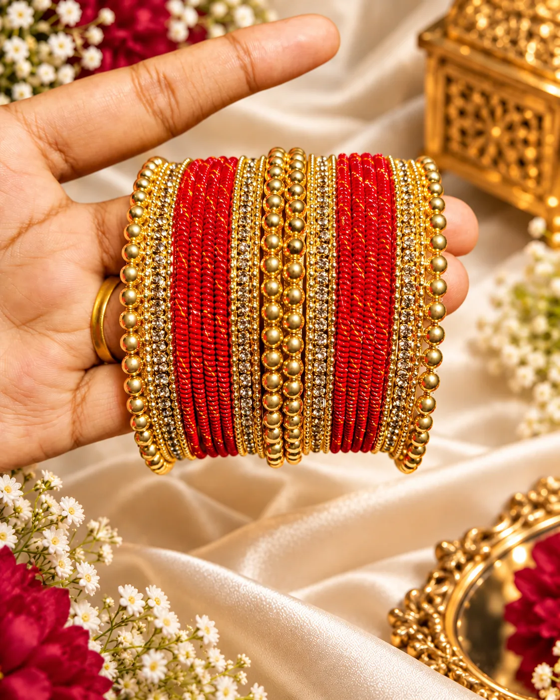 Royal Ruby Red & Gold Metal Set One Hand